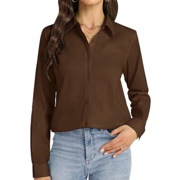 Button Down Long Sleeve Stretch Solid Work Shirt Coffee - Picture 6 of 6